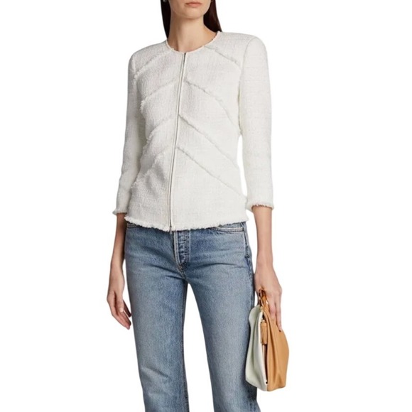Lafayette 148 New York Jackets & Blazers - Lafayette 148 New York Harlow Tweed Jacket White Fringe Zip Size 12